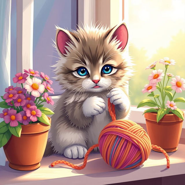 A stylized and artistic depiction of a cute, fluffy kitten playfully interacting with a colorful ball of yarn