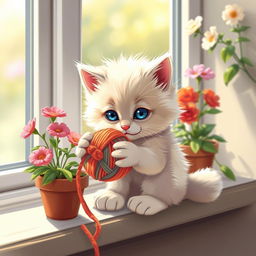 A stylized and artistic depiction of a cute, fluffy kitten playfully interacting with a colorful ball of yarn