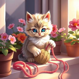 A stylized and artistic depiction of a cute, fluffy kitten playfully interacting with a colorful ball of yarn