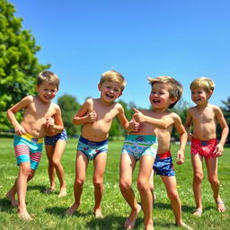 A playful and lighthearted scene depicting a group of boys in colorful, fun underwear, enjoying a summer day outdoors