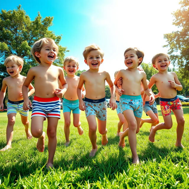 A playful and lighthearted scene depicting a group of boys in colorful, fun underwear, enjoying a summer day outdoors