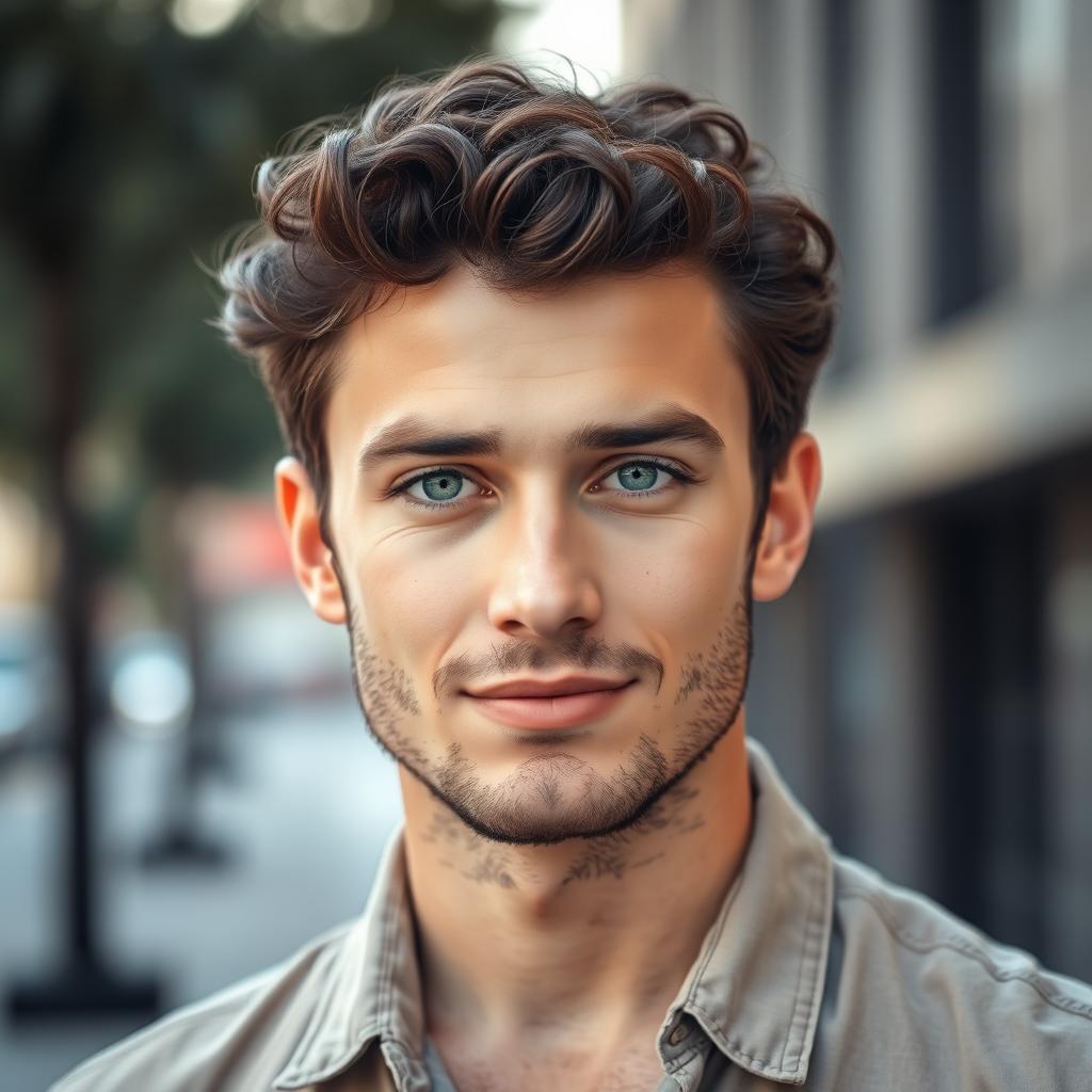 A portrait of a 32-year-old man with striking green eyes, and brown curly hair with a dash of black