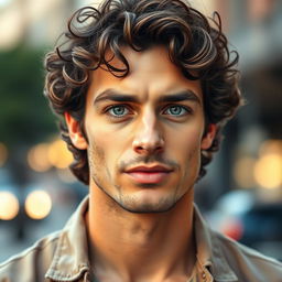 A portrait of a 32-year-old man with striking green eyes, and brown curly hair with a dash of black