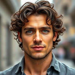 A portrait of a 32-year-old man with striking green eyes, and brown curly hair with a dash of black