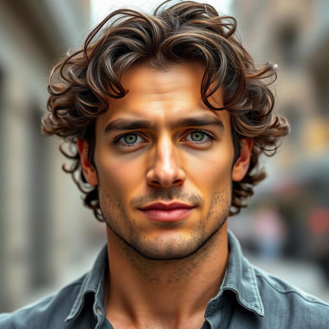 A portrait of a 32-year-old man with striking green eyes, and brown curly hair with a dash of black