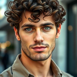 A portrait of a 32-year-old man with striking green eyes, and brown curly hair with a dash of black