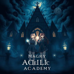A captivating cover image featuring two girls standing proudly in front of a gothic-inspired magical academy