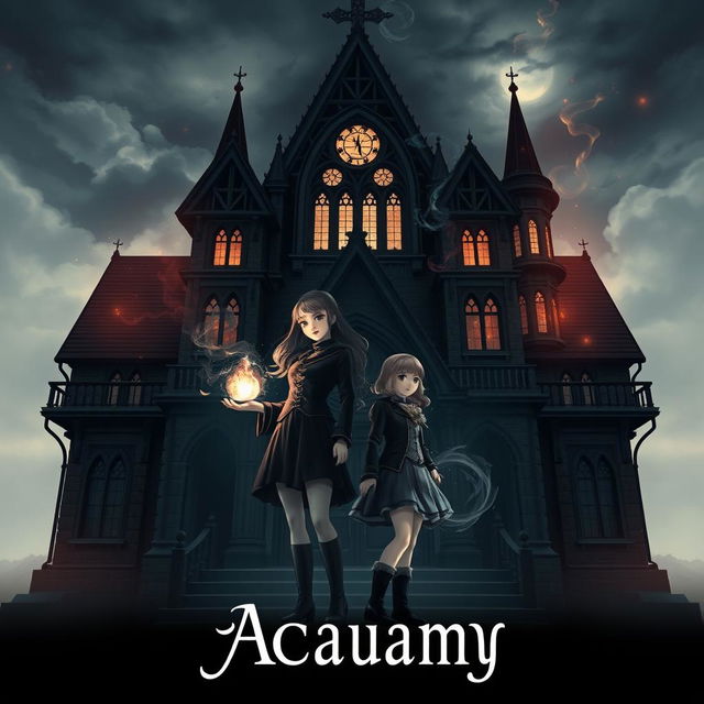 A captivating cover image featuring two girls standing proudly in front of a gothic-inspired magical academy