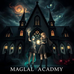 A captivating cover image featuring two girls standing proudly in front of a gothic-inspired magical academy