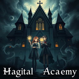 A captivating cover image featuring two girls standing proudly in front of a gothic-inspired magical academy