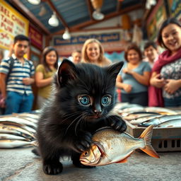 A heartwarming scene featuring an adorable black kitten with big, expressive eyes, shedding tears as it steals a fish