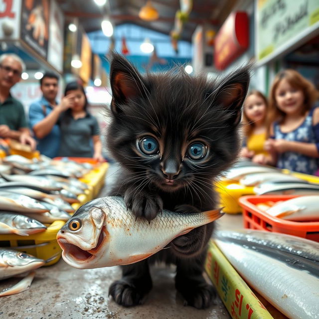 A heartwarming scene featuring an adorable black kitten with big, expressive eyes, shedding tears as it steals a fish