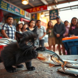 A heartwarming scene featuring an adorable black kitten with big, expressive eyes, shedding tears as it steals a fish