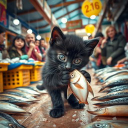 A heartwarming scene featuring an adorable black kitten with big, expressive eyes, shedding tears as it steals a fish