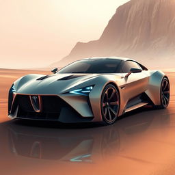 A stunning digital illustration of a futuristic sports car set in a desert-like environment