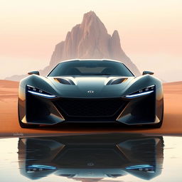 A stunning digital illustration of a futuristic sports car set in a desert-like environment