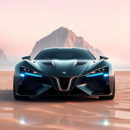 A stunning digital illustration of a futuristic sports car set in a desert-like environment