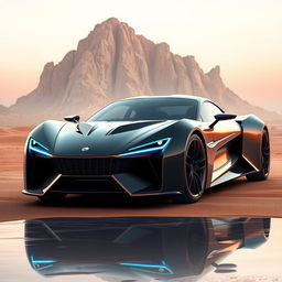 A stunning digital illustration of a futuristic sports car set in a desert-like environment