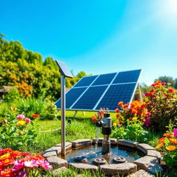 A modern solar pump system installed in a lush green garden, showcasing solar panels arranged elegantly, with a bright blue sky in the background