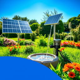 A modern solar pump system installed in a lush green garden, showcasing solar panels arranged elegantly, with a bright blue sky in the background