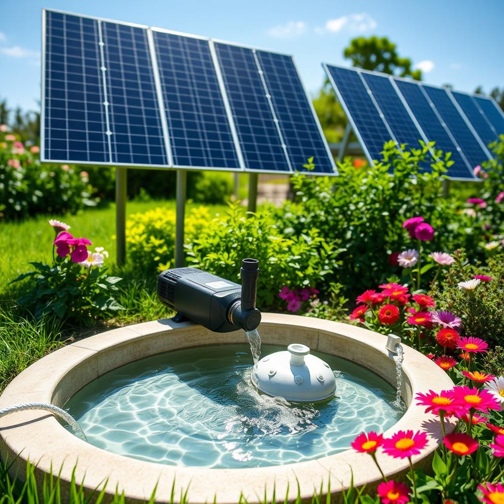 A modern solar pump system installed in a lush green garden, showcasing solar panels arranged elegantly, with a bright blue sky in the background
