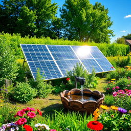 A modern solar pump system installed in a lush green garden, showcasing solar panels arranged elegantly, with a bright blue sky in the background
