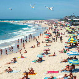 A bustling beach scene on a sunny day filled with people enjoying various activities