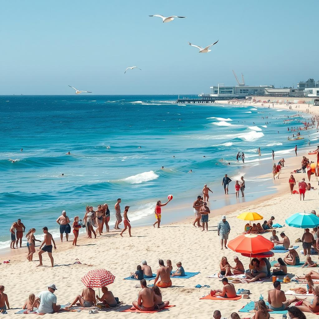 A bustling beach scene on a sunny day filled with people enjoying various activities