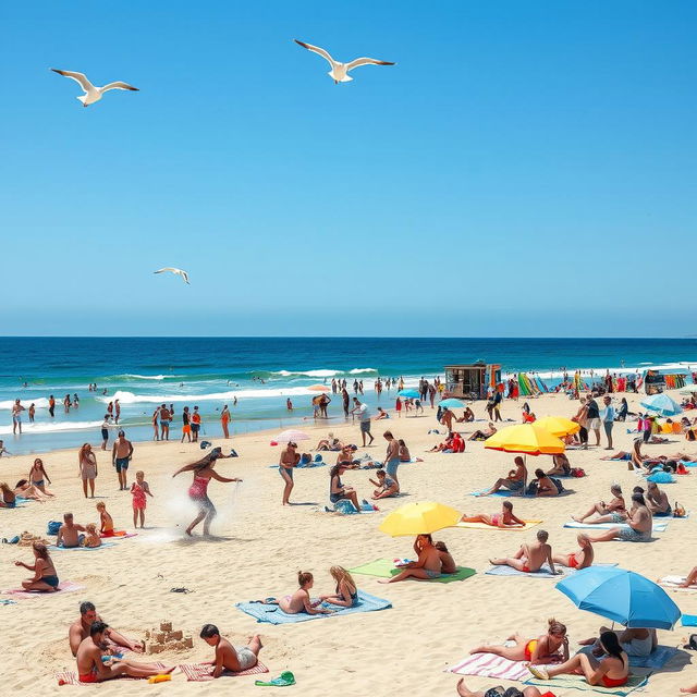 A bustling beach scene on a sunny day filled with people enjoying various activities