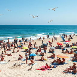 A bustling beach scene on a sunny day filled with people enjoying various activities