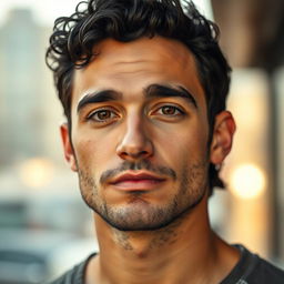 A handsome man aged 32, with striking brown eyes and curly black hair