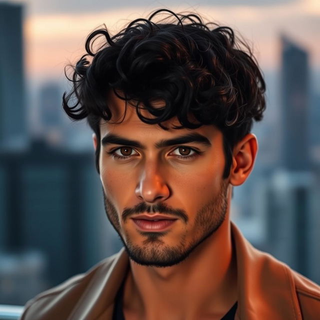 A handsome man aged 32, with striking brown eyes and curly black hair