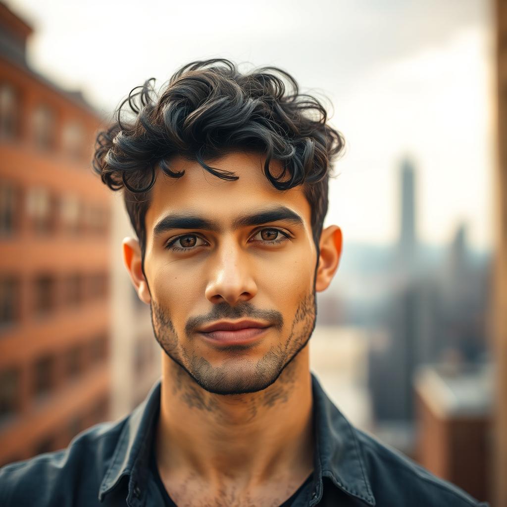 A handsome man aged 32, with striking brown eyes and curly black hair