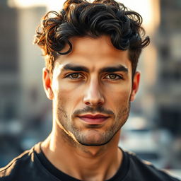 A handsome man aged 32, with striking brown eyes and curly black hair
