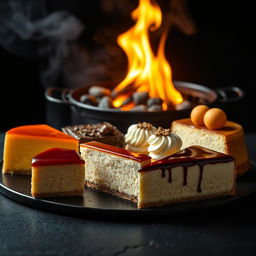 A hyper-realistic image featuring a delectable assortment of sliced desserts including flan, chocoflan, cheesecake, beso de ángel, and pastel de tres leches