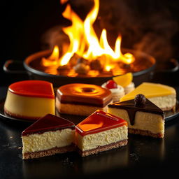 A hyper-realistic image featuring a delectable assortment of sliced desserts including flan, chocoflan, cheesecake, beso de ángel, and pastel de tres leches