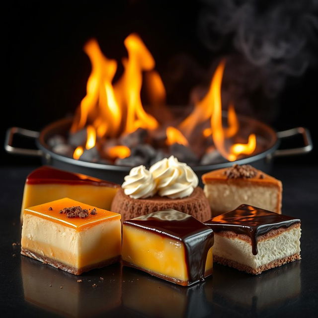 A hyper-realistic image featuring a delectable assortment of sliced desserts including flan, chocoflan, cheesecake, beso de ángel, and pastel de tres leches