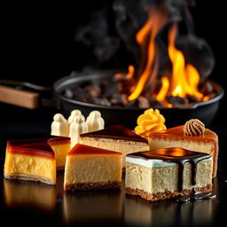 A hyper-realistic image featuring a delectable assortment of sliced desserts including flan, chocoflan, cheesecake, beso de ángel, and pastel de tres leches