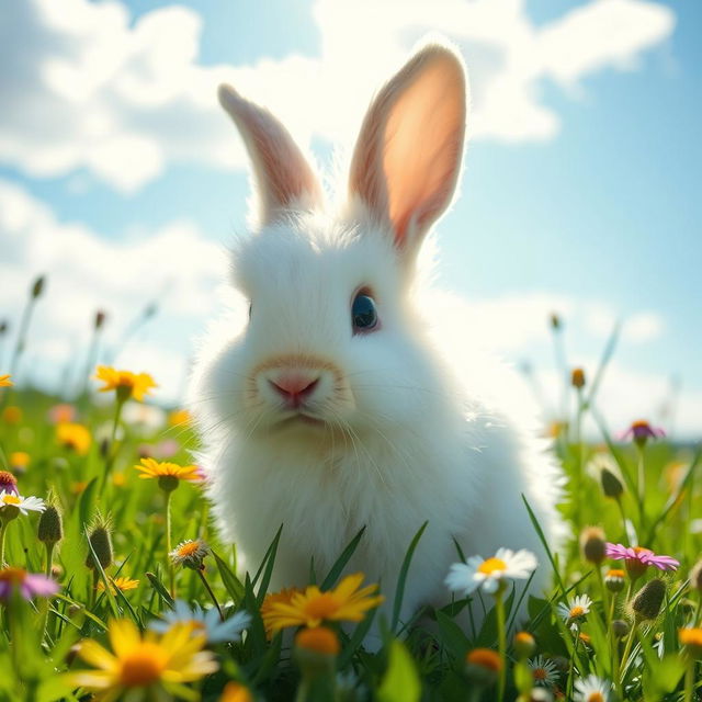 A fluffy, adorable rabbit with soft white fur and large round eyes sitting in a lush green meadow filled with wildflowers