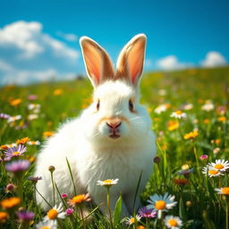 A fluffy, adorable rabbit with soft white fur and large round eyes sitting in a lush green meadow filled with wildflowers
