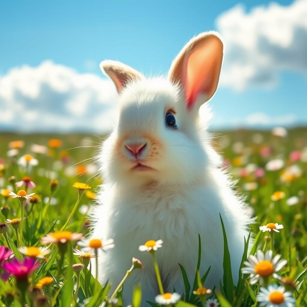 A fluffy, adorable rabbit with soft white fur and large round eyes sitting in a lush green meadow filled with wildflowers