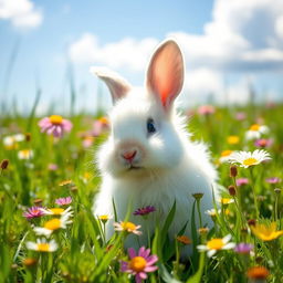A fluffy, adorable rabbit with soft white fur and large round eyes sitting in a lush green meadow filled with wildflowers