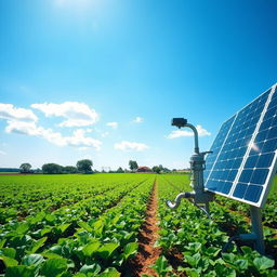A modern solar-powered agricultural pump system in action on a vibrant farm