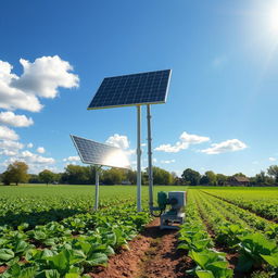 A modern solar-powered agricultural pump system in action on a vibrant farm