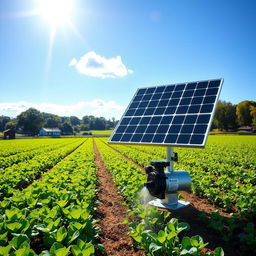 A modern solar-powered agricultural pump system in action on a vibrant farm