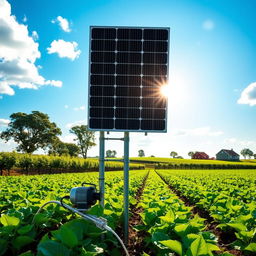 A modern solar-powered agricultural pump system in action on a vibrant farm