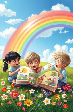 A whimsical scene depicting children reading a large, colorful book, surrounded by a vibrant rainbow