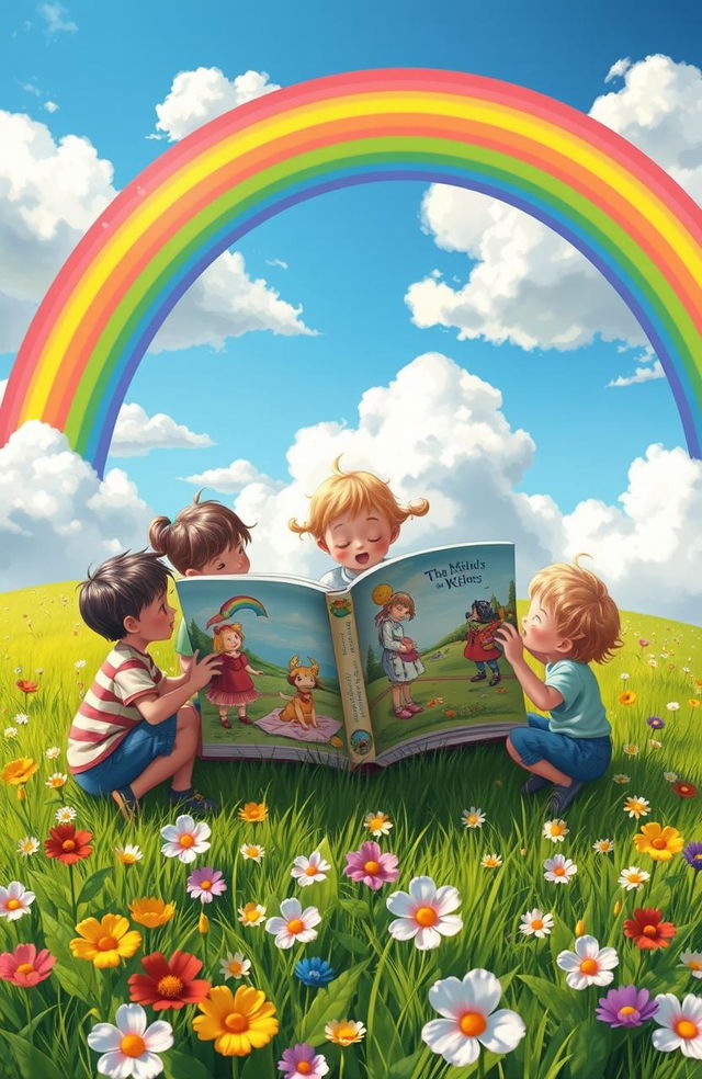A whimsical scene depicting children reading a large, colorful book, surrounded by a vibrant rainbow