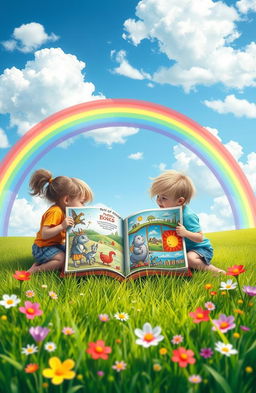 A whimsical scene depicting children reading a large, colorful book, surrounded by a vibrant rainbow