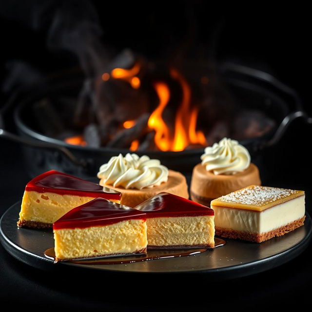 A hyper-realistic image featuring a tempting display of sliced desserts including flan, chocoflan, cheesecake, limón carlota, and pastel de tres leches